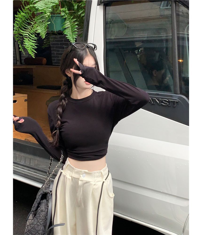 Leg Long-Sleeve / Cutout Waist Tee Crop Sweatpants Wide Neck Round Plain Striped Drawstring FashionChic