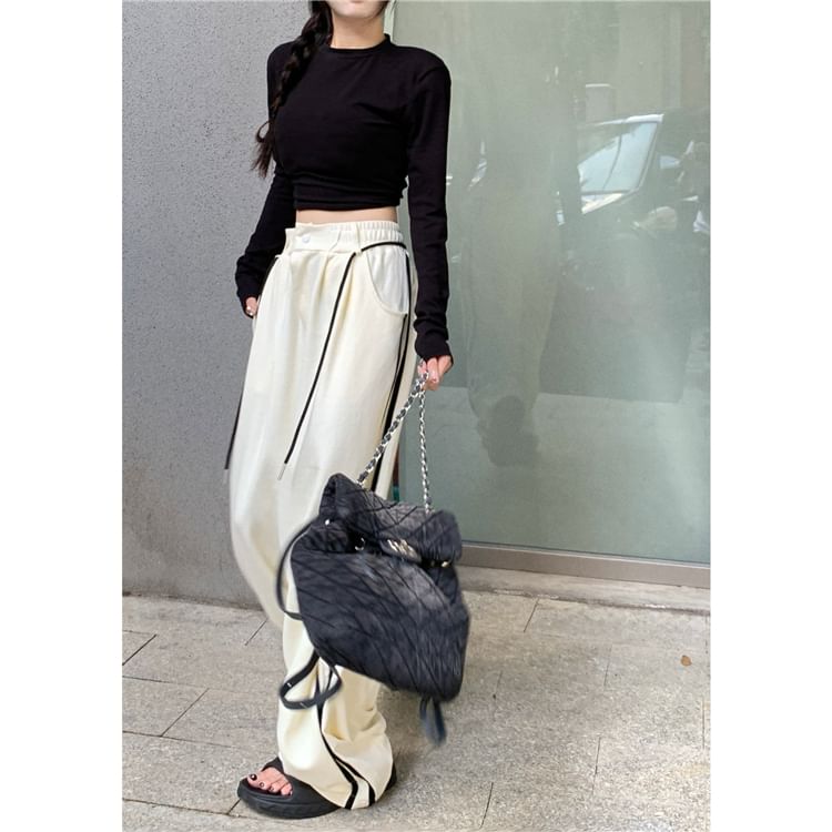 Leg Long-Sleeve / Cutout Waist Tee Crop Sweatpants Wide Neck Round Plain Striped Drawstring FashionChic