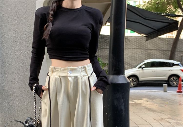 Leg Long-Sleeve / Cutout Waist Tee Crop Sweatpants Wide Neck Round Plain Striped Drawstring FashionChic