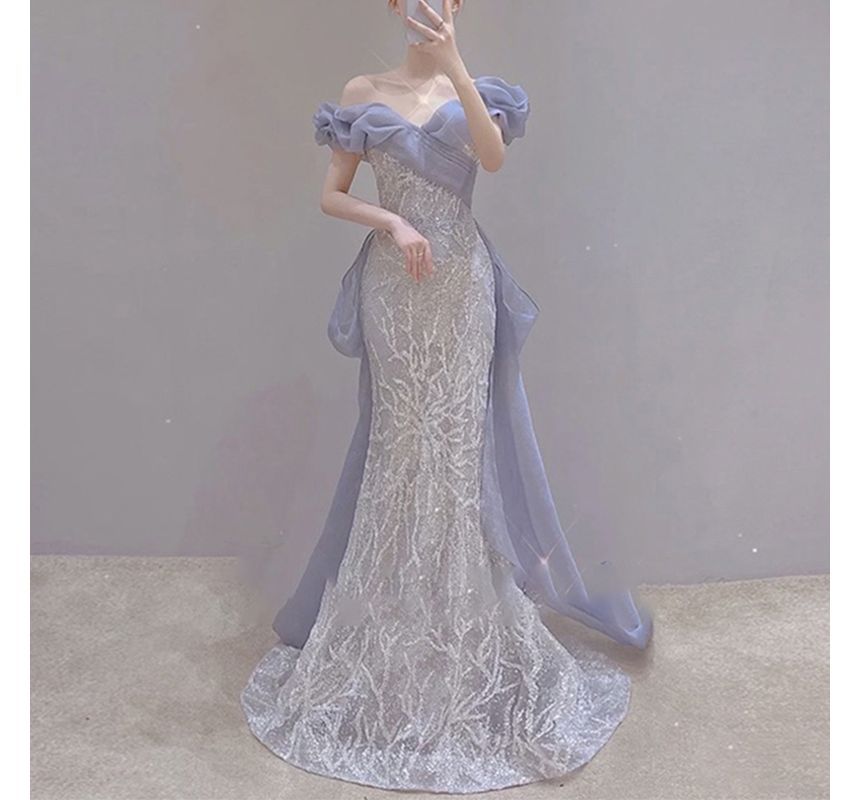 Off Shoulder Trained Mermaid Evening Gown SpreePicky