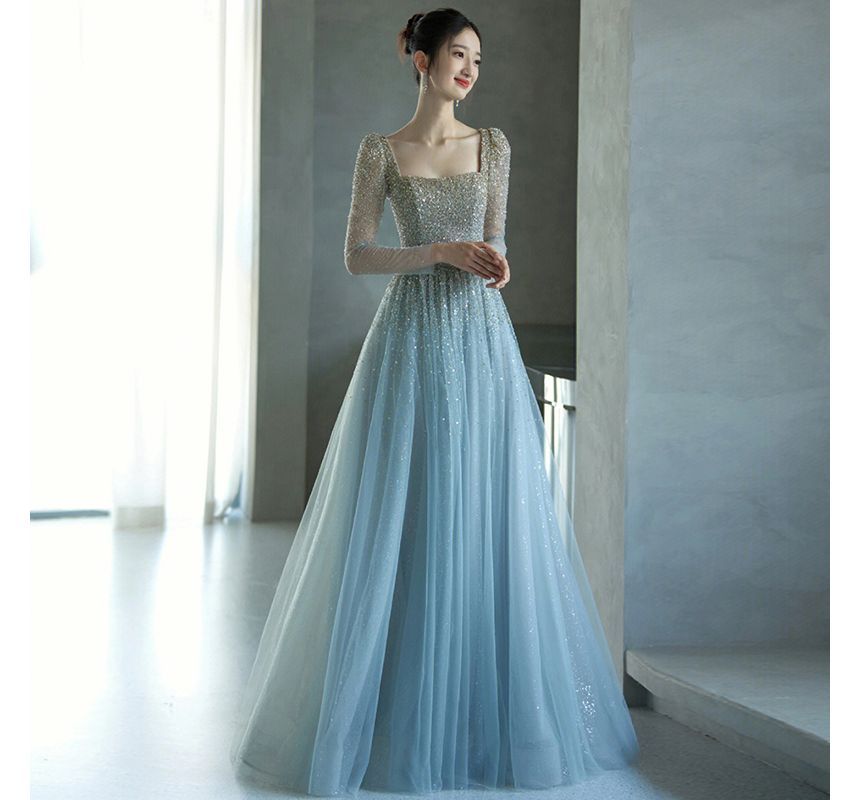 Long-Sleeve Square Neck Mesh A-Line Evening Gown SpreePicky