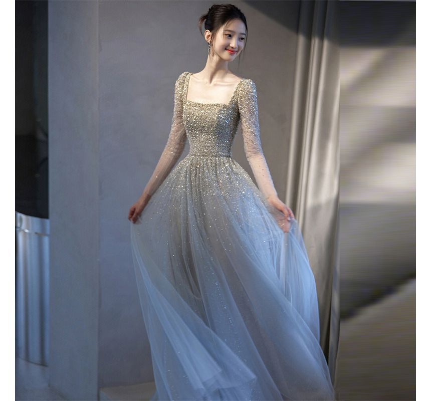 Long-Sleeve Square Neck Mesh A-Line Evening Gown SpreePicky