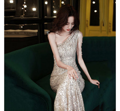 Sleeveless One-Shoulder Sequin Maxi Mermaid Evening Dress SpreePicky