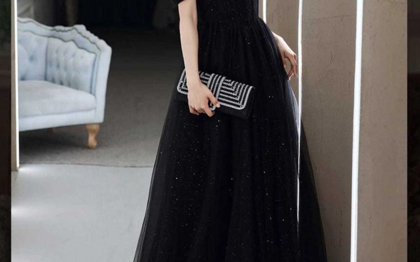 Spaghetti Strap Plain Mesh Panel A-Line Evening Gown SpreePicky