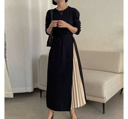 Mock Two-Piece Long-Sleeve Pleated Panel Midi A-Line Knit Dress SpreePicky