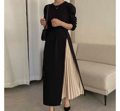 Mock Two-Piece Long-Sleeve Pleated Panel Midi A-Line Knit Dress SpreePicky