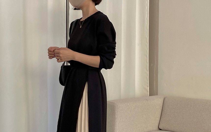 Mock Two-Piece Long-Sleeve Pleated Panel Midi A-Line Knit Dress SpreePicky