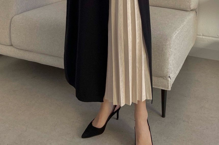 Mock Two-Piece Long-Sleeve Pleated Panel Midi A-Line Knit Dress SpreePicky