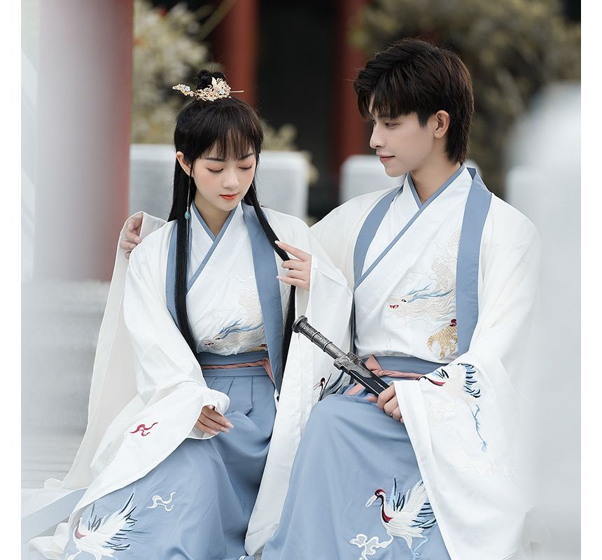 Couple Matching Crane Embroidered Hanfu Costume Set SpreePicky