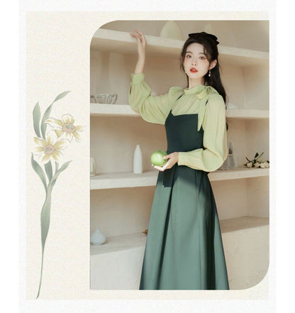 Set: Mock Neck Plain Bow Blouse + Midi Dungaree Dress SpreePicky