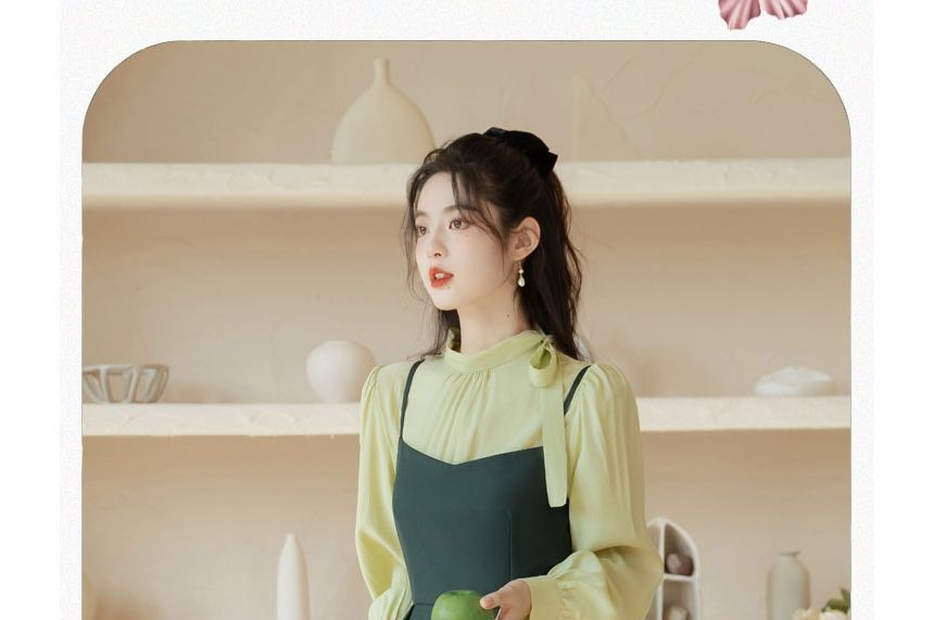 Set: Mock Neck Plain Bow Blouse + Midi Dungaree Dress SpreePicky