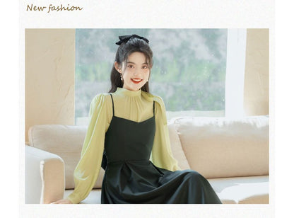 Set: Mock Neck Plain Bow Blouse + Midi Dungaree Dress SpreePicky