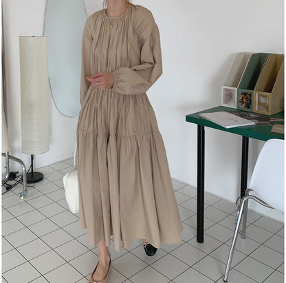 Long-Sleeve Crew Neck Plain Tiered Midi A-Line Dress SpreePicky