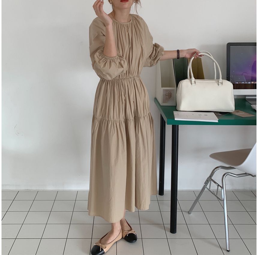 Long-Sleeve Crew Neck Plain Tiered Midi A-Line Dress SpreePicky