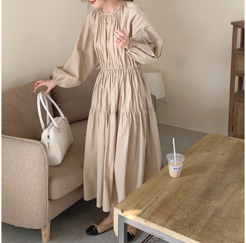 Long-Sleeve Crew Neck Plain Tiered Midi A-Line Dress SpreePicky