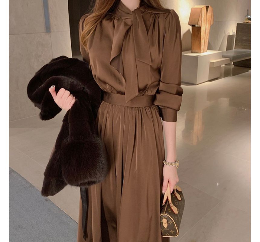 Long-Sleeve Tie-Neck Plain Midi A-Line Dress SpreePicky