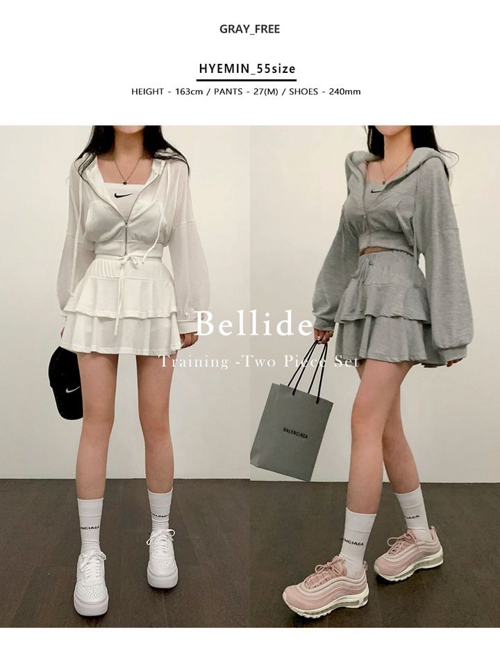 Set: Plain Crop Zip Hoodie + Drawstring Waist Tiered Mini A-Line Skirt mySite