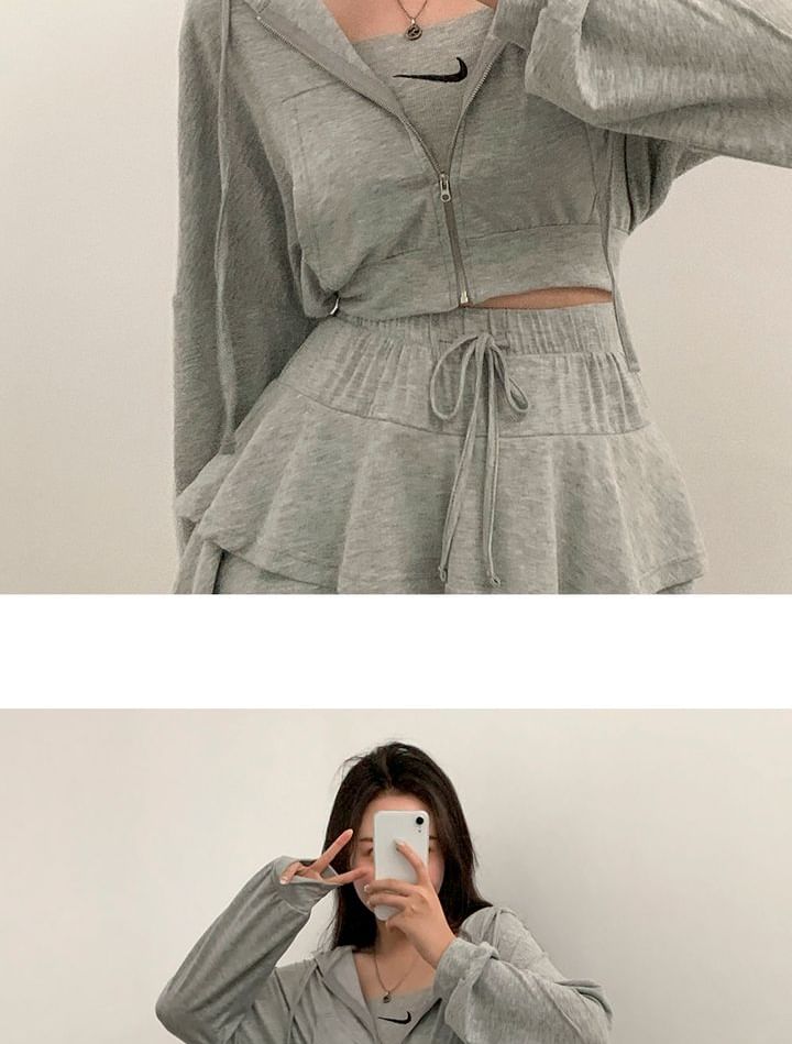 Set: Plain Crop Zip Hoodie + Drawstring Waist Tiered Mini A-Line Skirt mySite