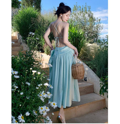 Spaghetti Strap Plain Open Back Midi A-Line Sundress mySite