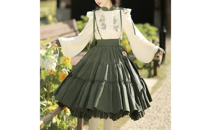 Flower Embroidered Lace Trim Lolita Blouse / Midi Jumper Dress / Set mySite