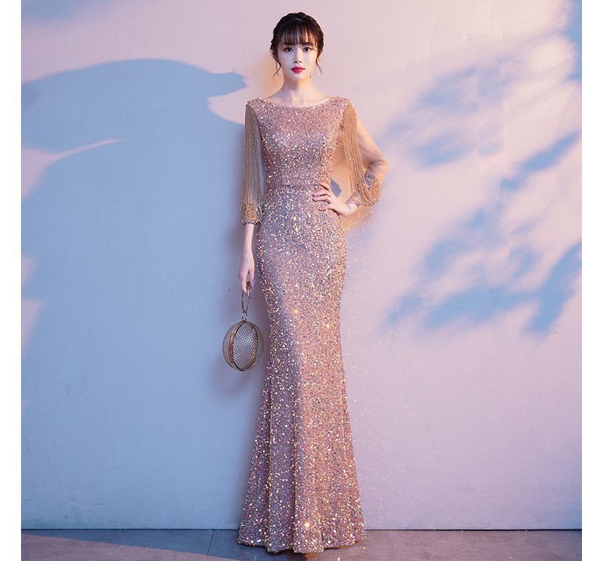 Puff-Sleeve Sequined Rhinestone Mermaid Evening Gown SpreePicky