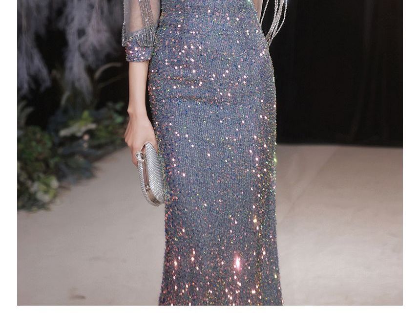 Puff-Sleeve Sequined Rhinestone Mermaid Evening Gown SpreePicky