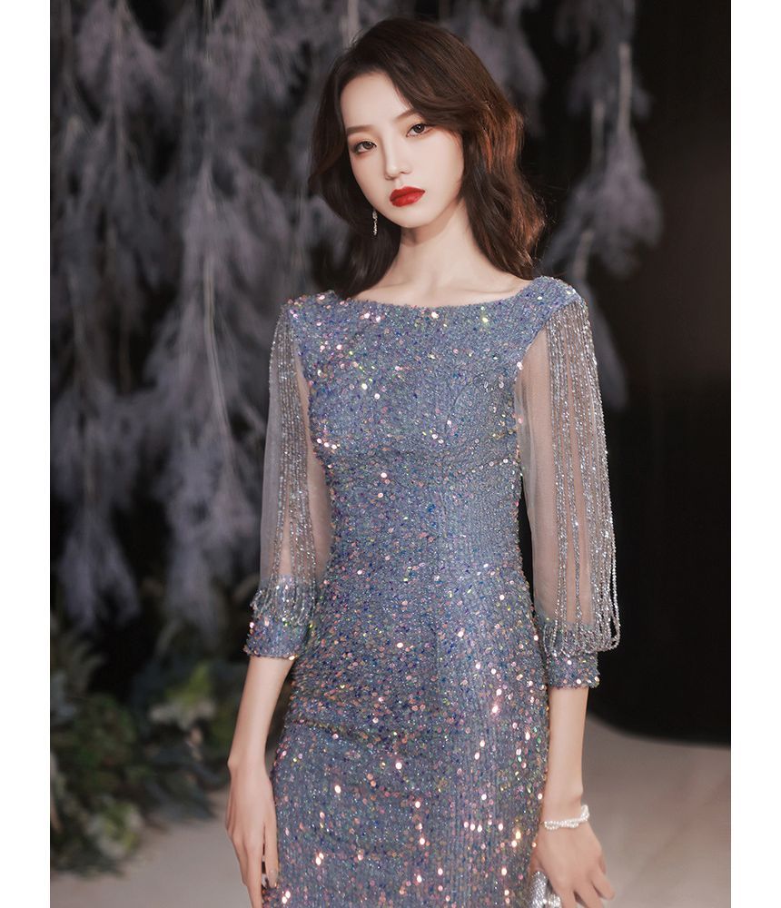 Puff-Sleeve Sequined Rhinestone Mermaid Evening Gown SpreePicky