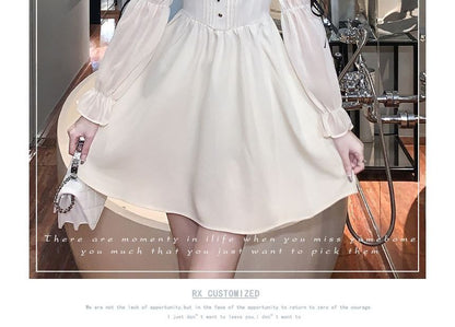 Long-Sleeve Square Neck Button Accent Frill Trim Mini A-Line Dress mySite