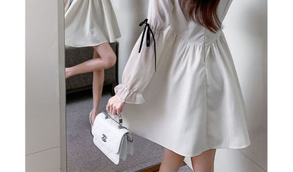 Long-Sleeve Square Neck Button Accent Frill Trim Mini A-Line Dress mySite