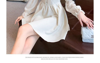 Long-Sleeve Square Neck Button Accent Frill Trim Mini A-Line Dress mySite