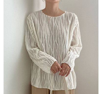 Long-Sleeve Boat Neck Striped Blouse SpreePicky