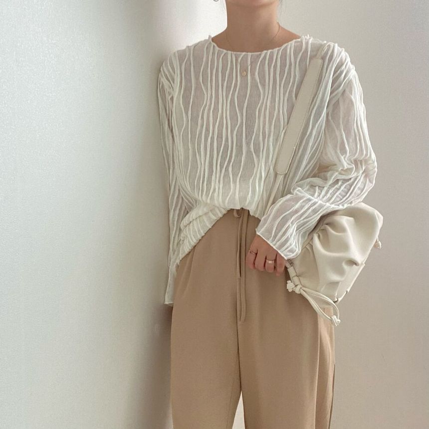 Long-Sleeve Boat Neck Striped Blouse SpreePicky