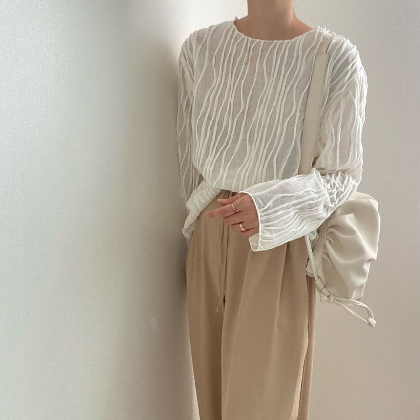 Long-Sleeve Boat Neck Striped Blouse SpreePicky