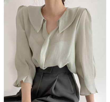 Elbow-Sleeve Collared Plain Blouse SpreePicky