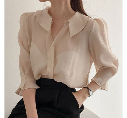 Elbow-Sleeve Collared Plain Blouse SpreePicky