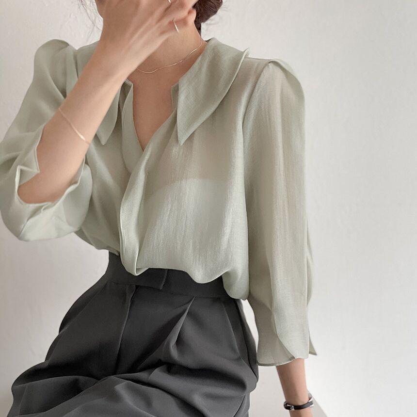 Elbow-Sleeve Collared Plain Blouse SpreePicky