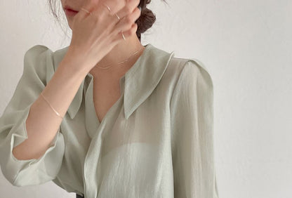 Elbow-Sleeve Collared Plain Blouse SpreePicky