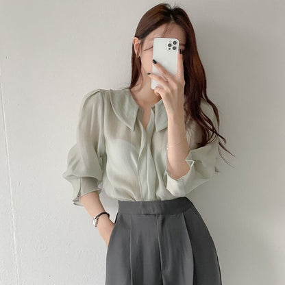 Elbow-Sleeve Collared Plain Blouse SpreePicky