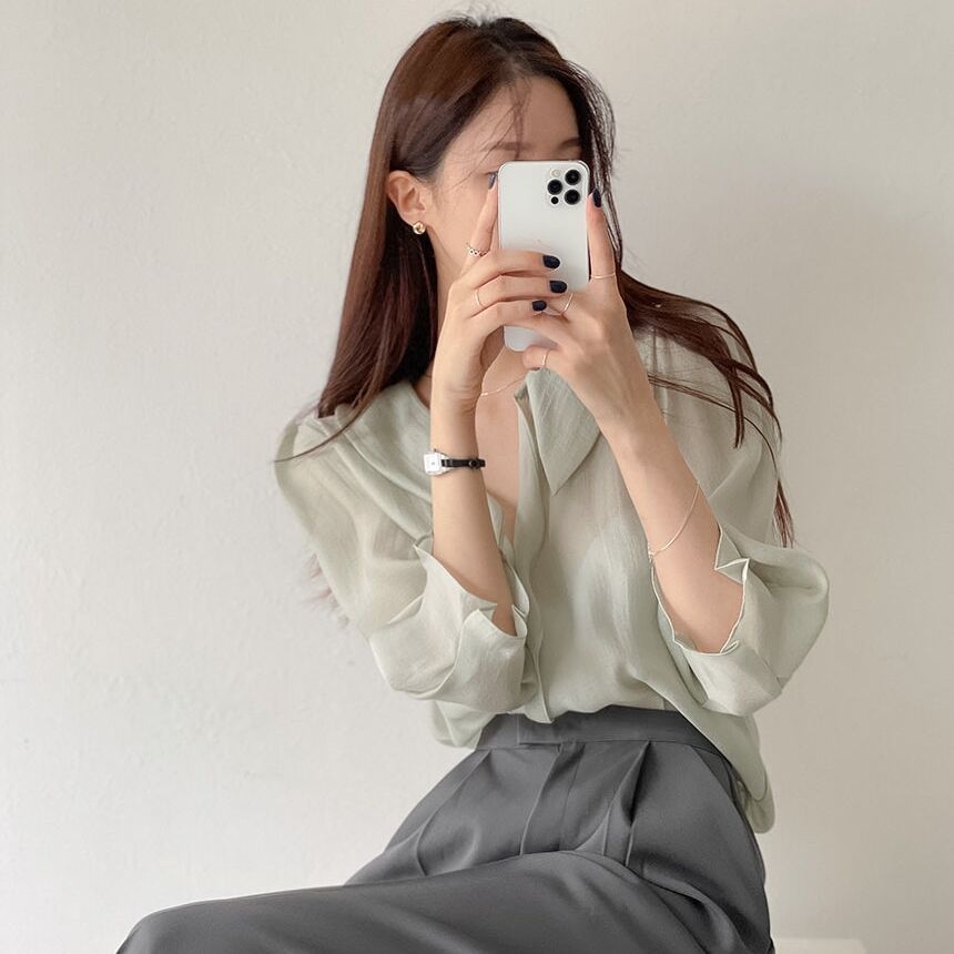 Elbow-Sleeve Collared Plain Blouse SpreePicky