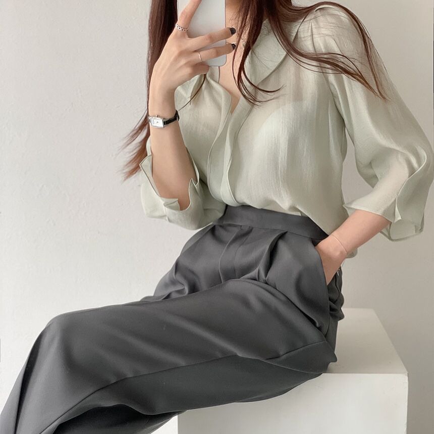 Elbow-Sleeve Collared Plain Blouse SpreePicky