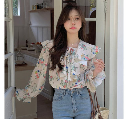 Puff-Sleeve Floral Print Ruffled Drawstring Blouse mySite