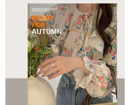 Puff-Sleeve Floral Print Ruffled Drawstring Blouse mySite