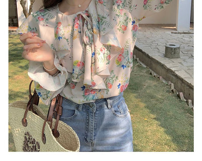 Puff-Sleeve Floral Print Ruffled Drawstring Blouse mySite