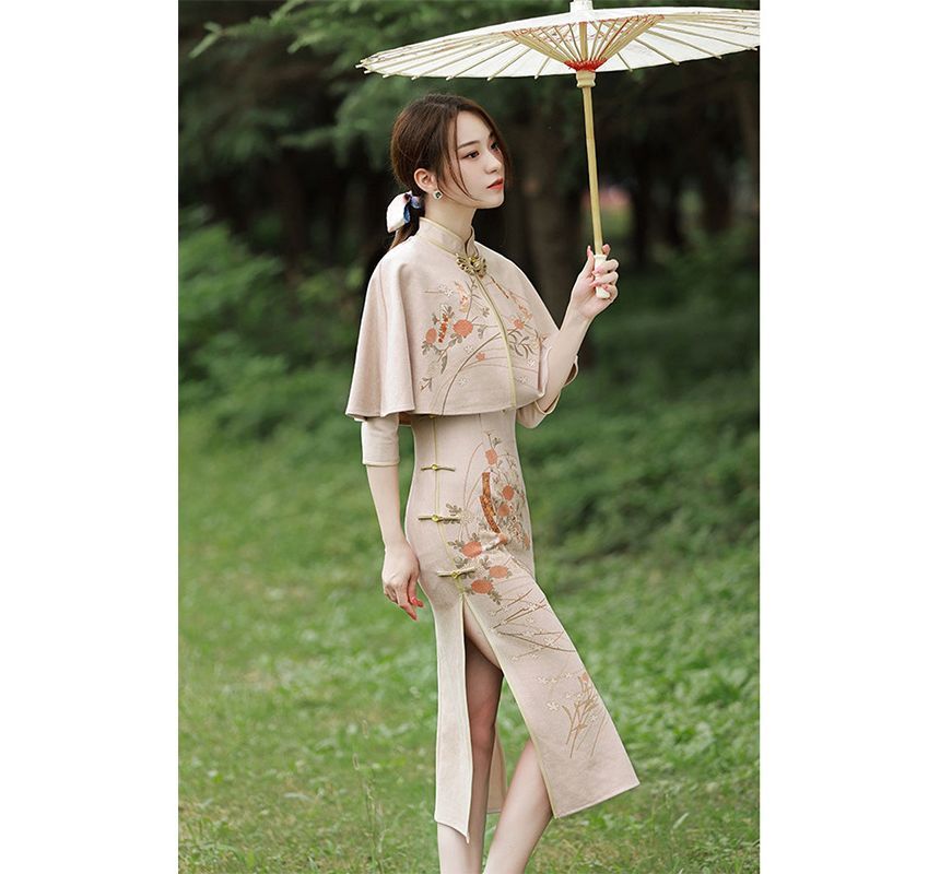 Set: 3/4-Sleeve Floral Midi Qipao + Capelet SpreePicky