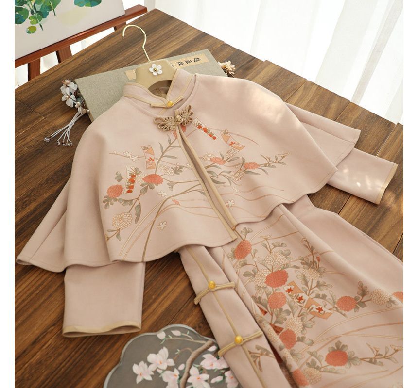 Set: 3/4-Sleeve Floral Midi Qipao + Capelet SpreePicky