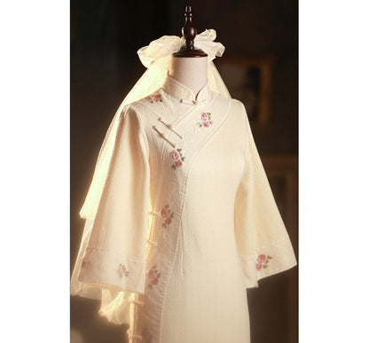 3/4-Sleeve Floral Embroidered Midi Qipao SpreePicky