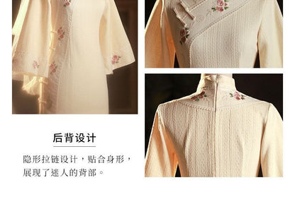 3/4-Sleeve Floral Embroidered Midi Qipao SpreePicky