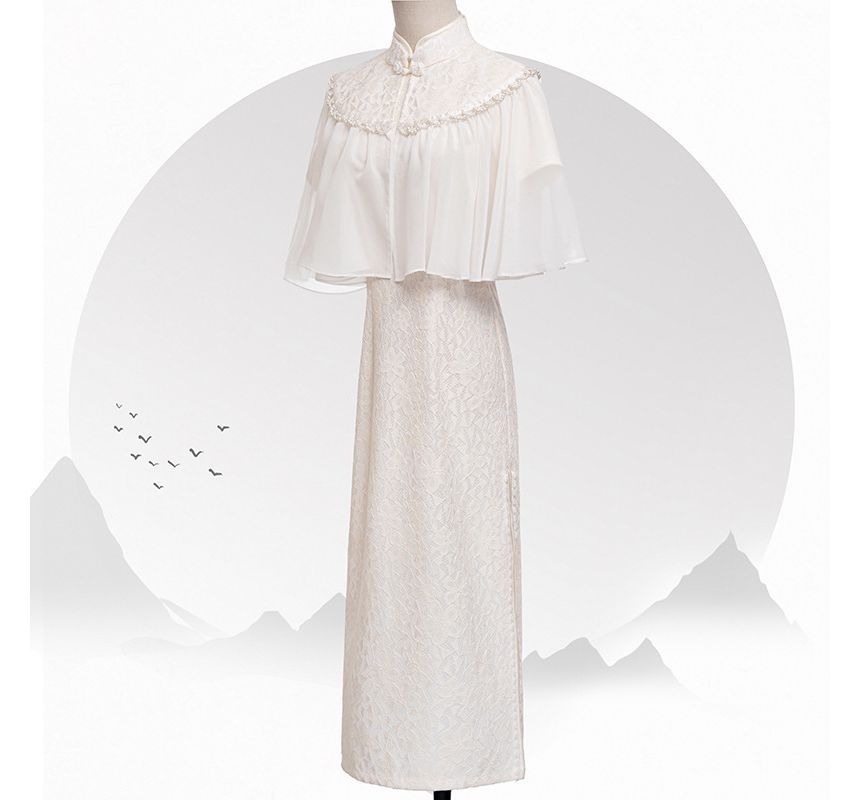 Set: Short-Sleeve Lace Midi Qipao + Faux Pearl Capelet SpreePicky