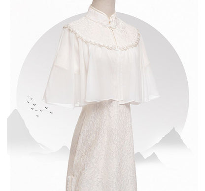 Set: Short-Sleeve Lace Midi Qipao + Faux Pearl Capelet SpreePicky