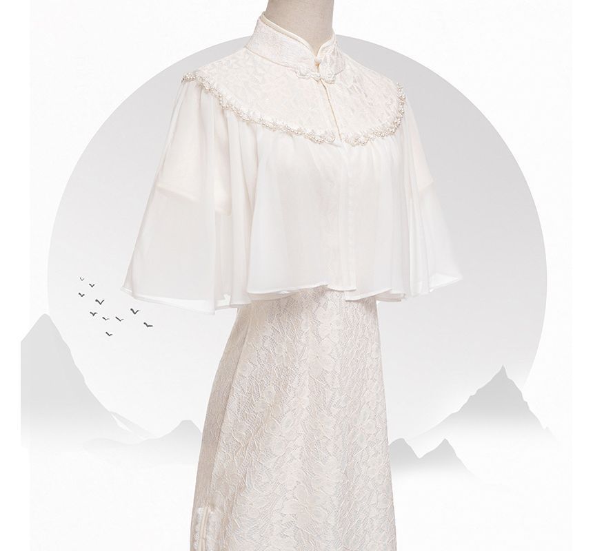 Set: Short-Sleeve Lace Midi Qipao + Faux Pearl Capelet SpreePicky